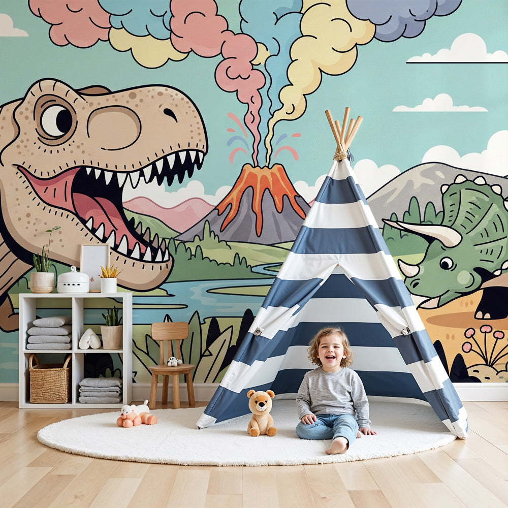 T-Rex volcano dinosaur mural wallpaper in modern kids bedroom by Kids-Mundo