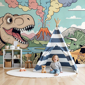 T-Rex volcano dinosaur mural wallpaper in modern kids bedroom by Kids-Mundo