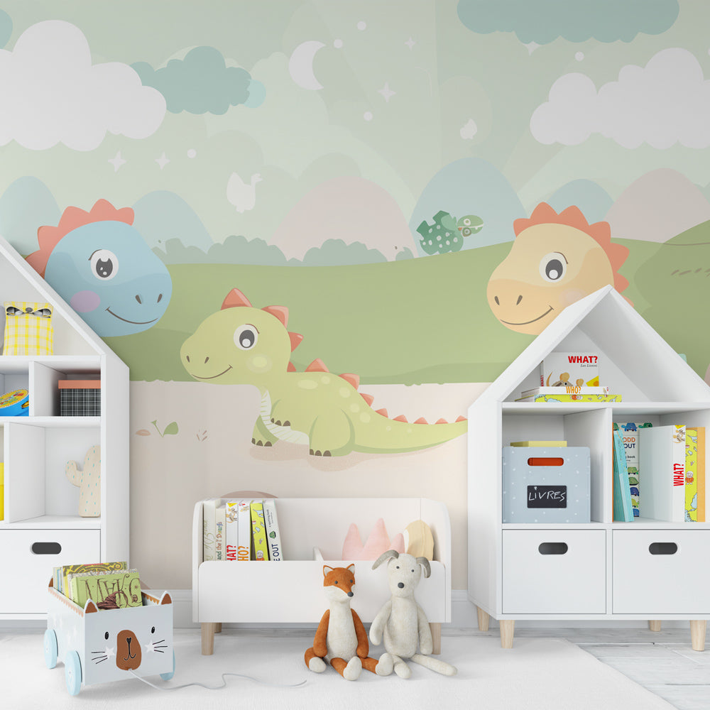 Pastel dinosaur wallpaper creating magical kids bedroom decor with gentle prehistoric theme