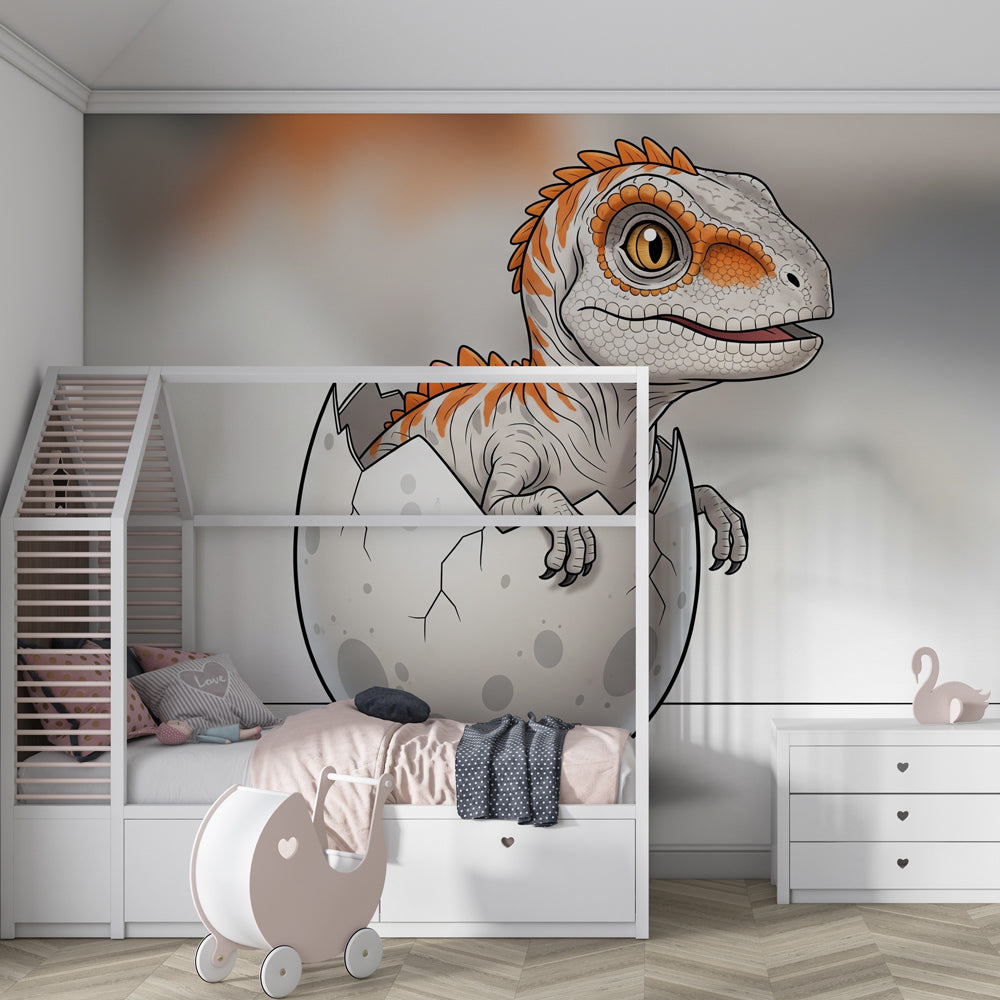 Dinosaur mural wallpaper creating prehistoric themed children's bedroom decor with warm colors