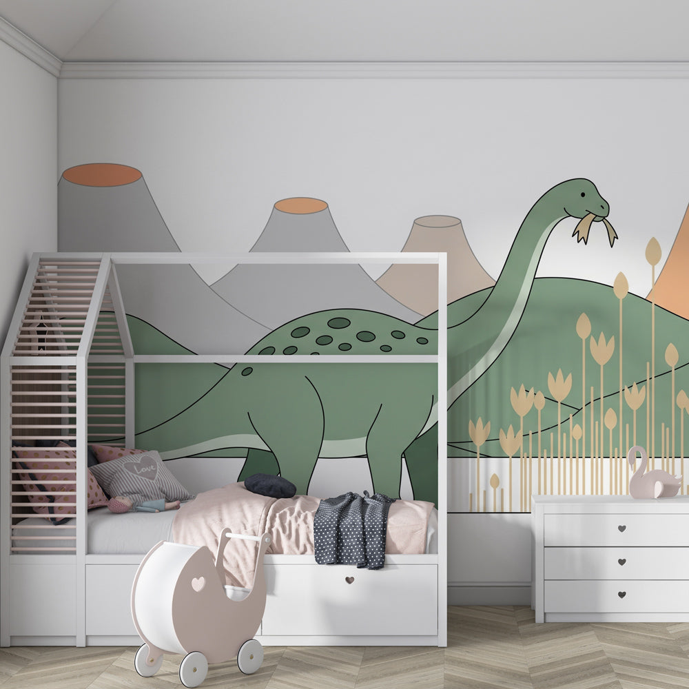 Gentle Diplodocus mural wallpaper in cozy toddler room with wooden furniture