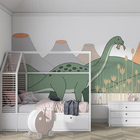 Gentle Diplodocus mural wallpaper in cozy toddler room with wooden furniture
