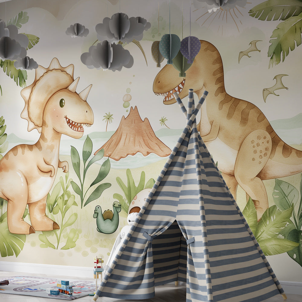 Friendly T-Rex and Triceratops mural wallpaper creating magical atmosphere in toddler's room