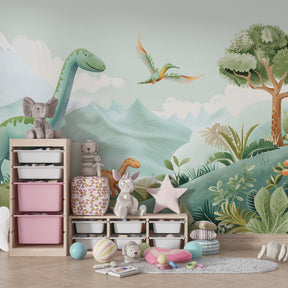 Soft green dinosaur mural wallpaper for calming toddler room environment by Kids-Mundo