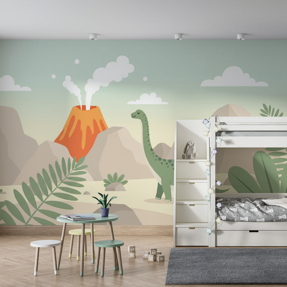 Gentle diplodocus mural wallpaper in colorful toddler room setting by Kids-Mundo