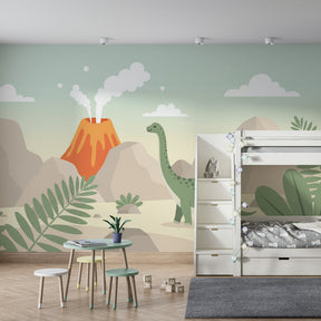 Gentle diplodocus mural wallpaper in colorful toddler room setting by Kids-Mundo