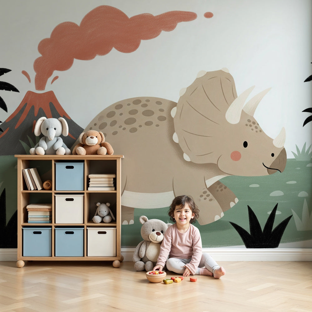 Triceratops dinosaur mural wallpaper in modern nursery with prehistoric jungle scene by Kids-Mundo