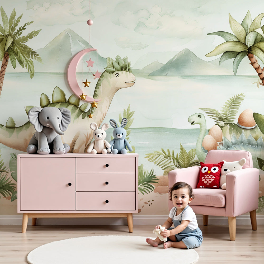 Dinosaur mural wallpaper creating magical nursery decor with tropical landscape by Kids-Mundo