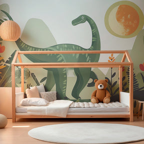 Tropical dinosaur mural wallpaper with Diplodocus transforming kids playroom into Jurassic world