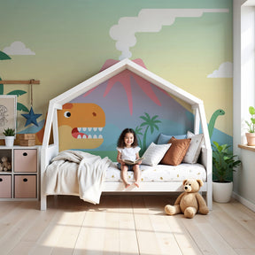 Dinosaur mural wallpaper with volcano sunset creating prehistoric adventure in kids bedroom by Kids-Mundo
