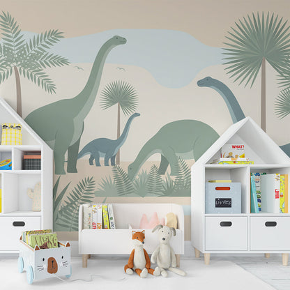 Kids-Mundo dinosaur wall mural covering a feature wall in a boy's kids bedroom setting