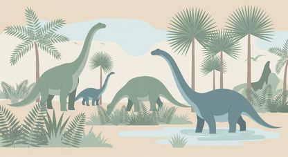 Flat artwork of the Kids-Mundo dinosaur wall mural showing gentle giants in a prehistoric scene