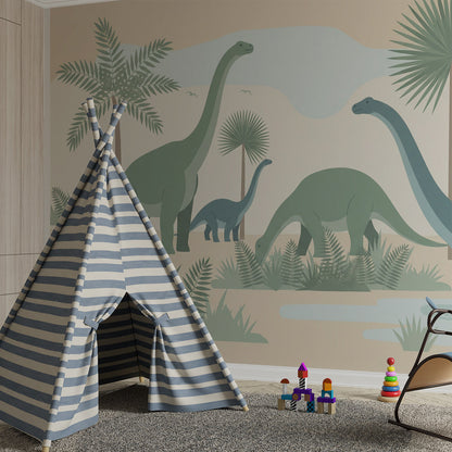 Kids-Mundo dinosaur wall mural on a wall in a playroom filled with toys and cushions