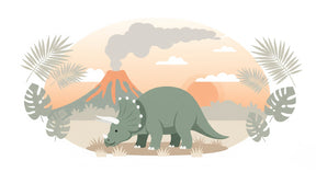 Detailed triceratops and volcano mural wallpaper design pattern with tropical foliage by Kids-Mundo