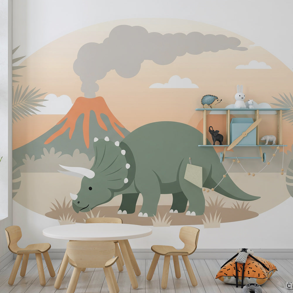 Tropical dinosaur themed mural wallpaper transforming children's playroom into prehistoric world
