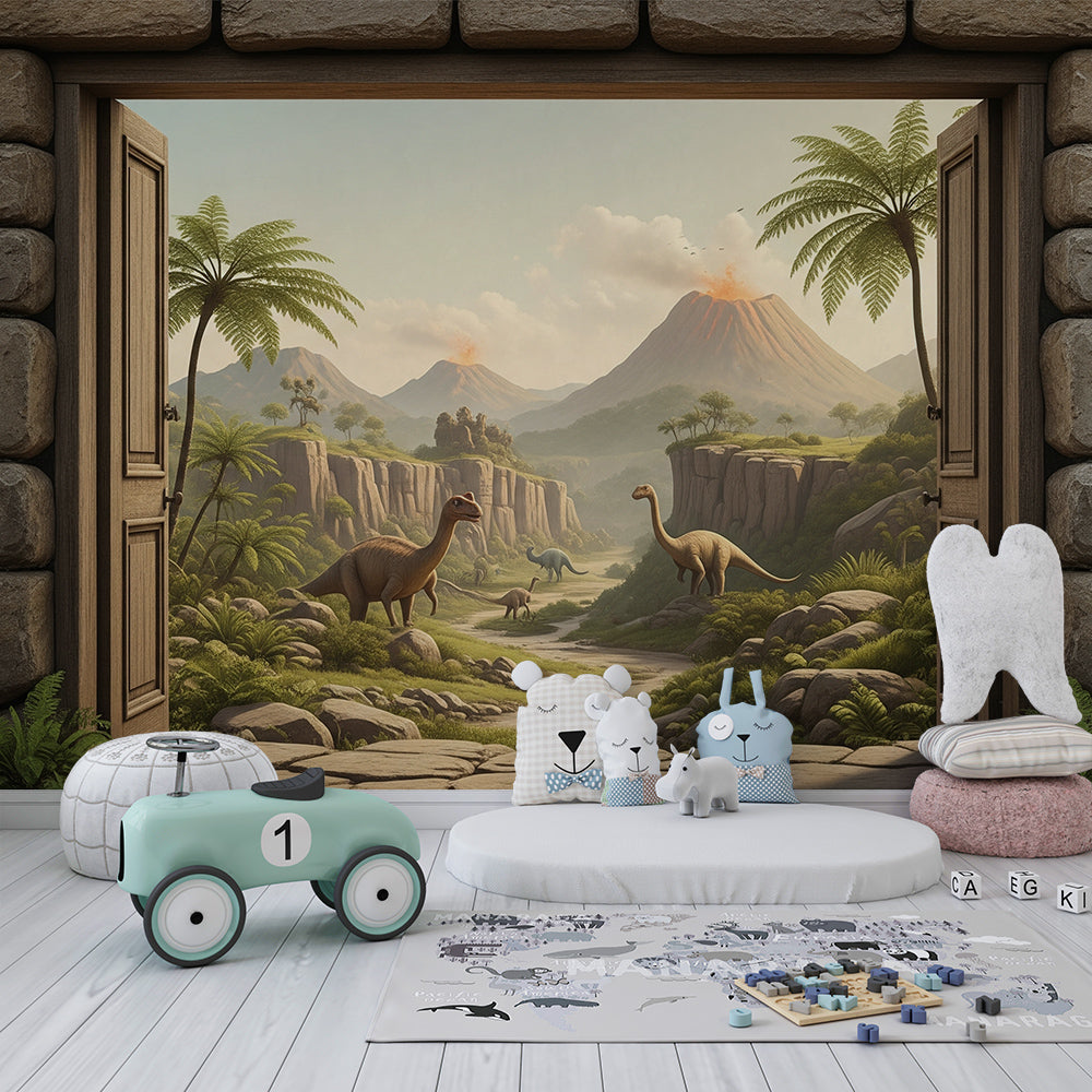 Kids-Mundo dinosaur wall mural with a stone archway covering a feature wall in a kids' bedroom