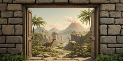 Kids-Mundo flat artwork of a stone doorway opening onto a dinosaur valley with a smoking volcano