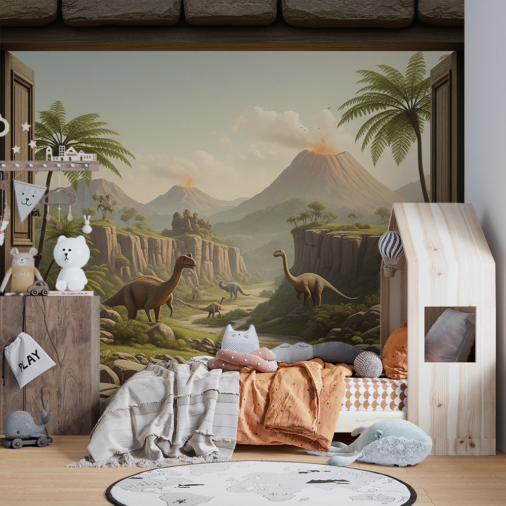 Kids-Mundo dinosaur valley wall mural bringing a prehistoric scene to a children's playroom