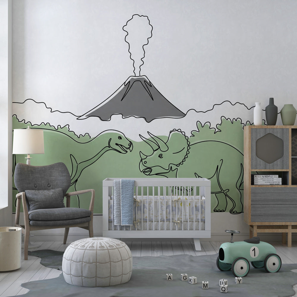 Prehistoric dinosaur wallpaper creating adventurous kids bedroom decor with green volcanic landscape