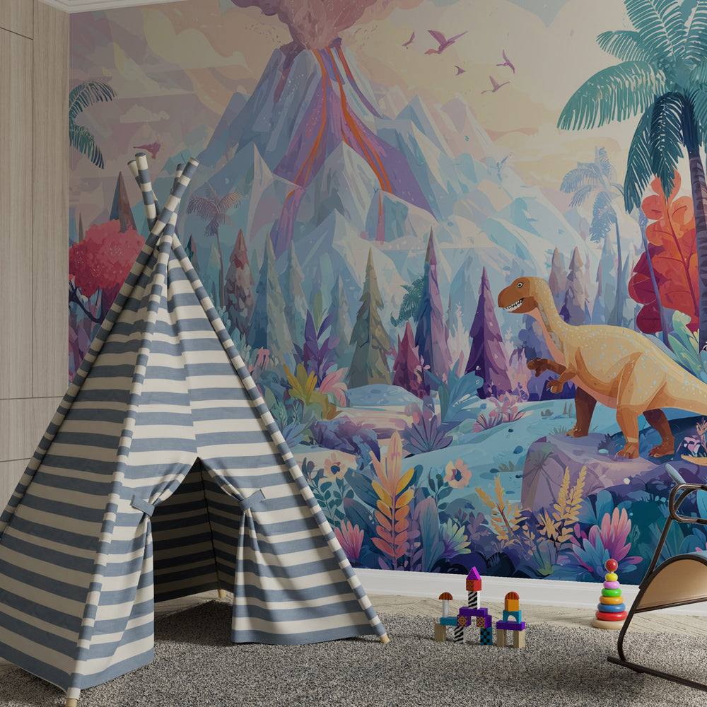 Kids-Mundo dinosaur wall mural with erupting volcano above a bed in a kids bedroom