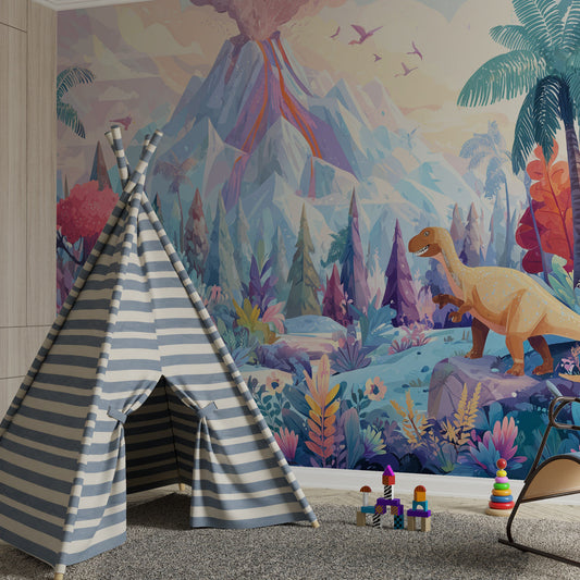 Kids-Mundo dinosaur wall mural with erupting volcano above a bed in a kids bedroom