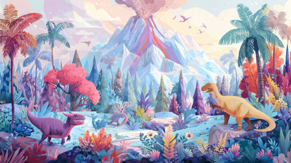 Flat artwork preview of the Kids-Mundo dinosaur valley erupting volcano wall mural design