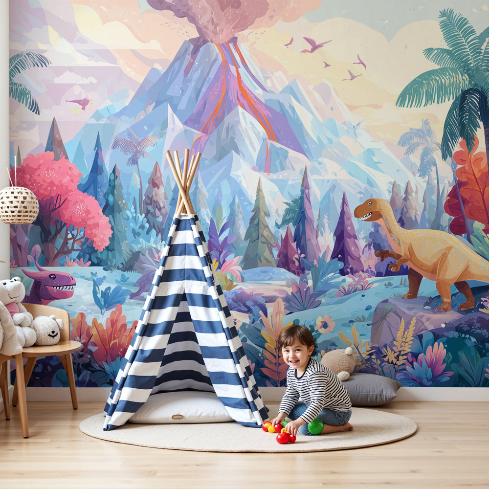 Dinosaur volcano valley wall mural by Kids-Mundo styled in a bright children's nursery