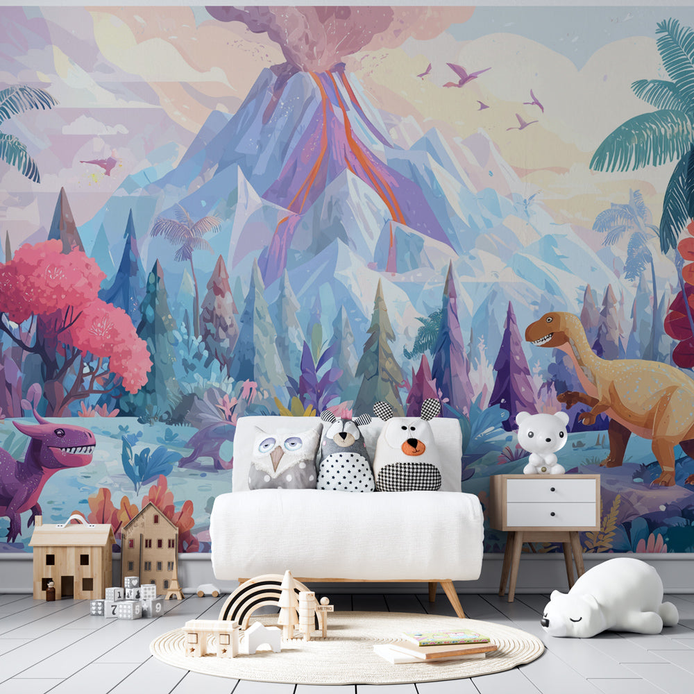 Colourful dinosaur valley wall mural by Kids-Mundo brightening a children's playroom