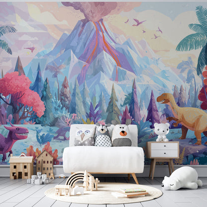 Colourful dinosaur valley wall mural by Kids-Mundo brightening a children's playroom