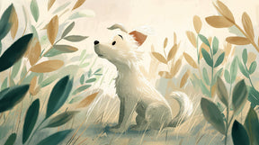 Detailed dog nature mural wallpaper design pattern showing adorable puppy in botanical setting by Kids-Mundo