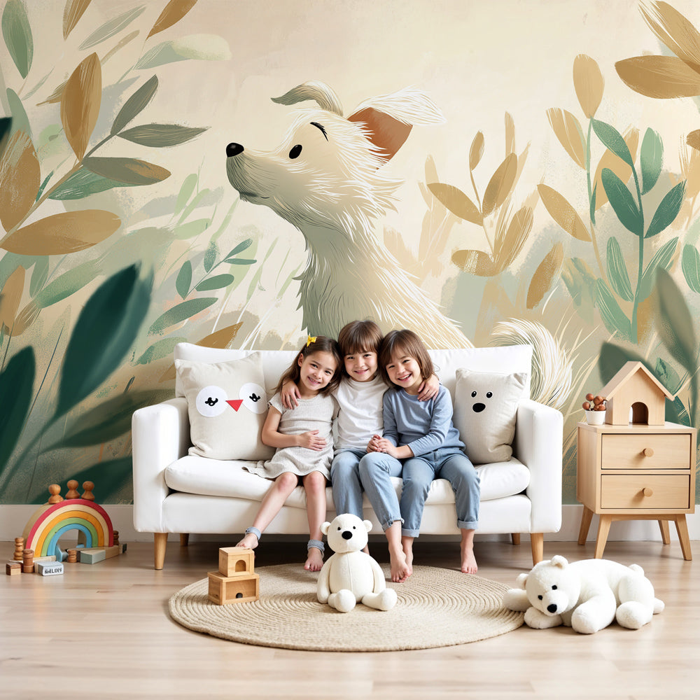 Dog nature mural wallpaper creating peaceful nursery decor with adorable puppy design by Kids-Mundo