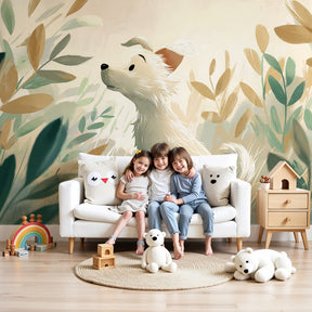 Dog nature mural wallpaper creating peaceful nursery decor with adorable puppy design by Kids-Mundo
