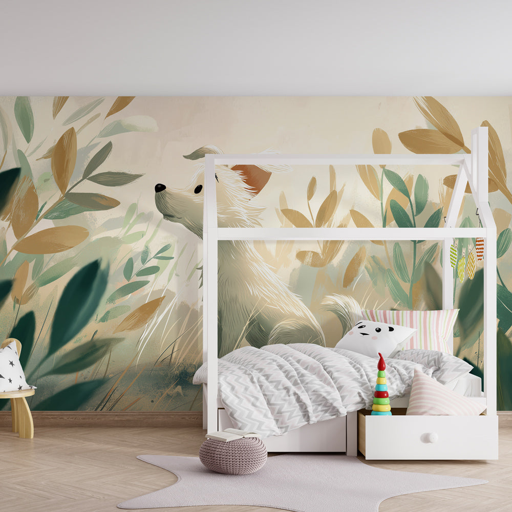 Nature dog wallpaper transforming kids playroom with gentle botanical patterns and friendly puppy