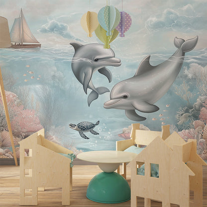 Kids-Mundo dolphin wall mural covering a kids bedroom wall beside a bed and shelf