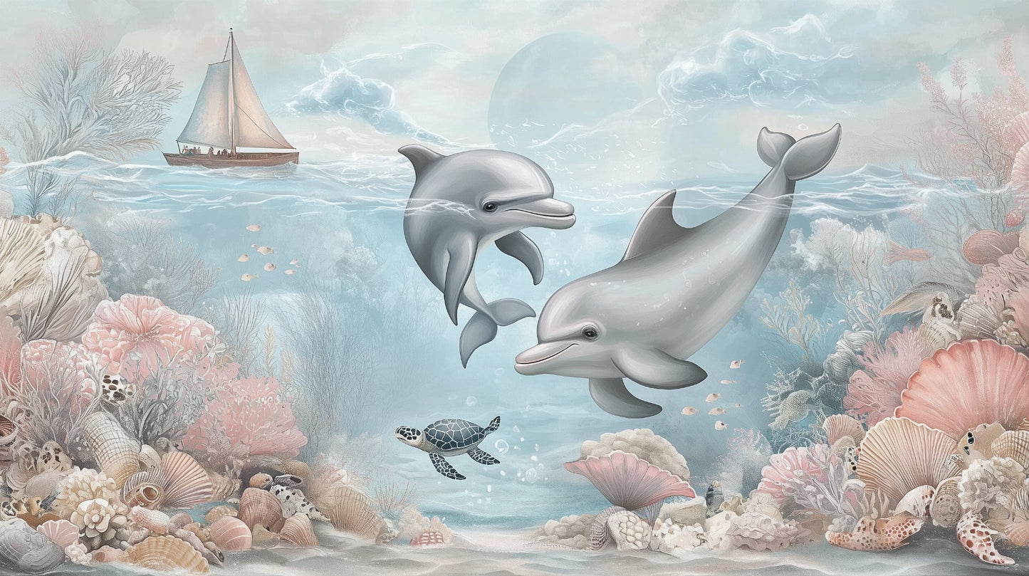 Kids-Mundo flat artwork of two dolphins, a sailing boat and a turtle over pastel coral shells