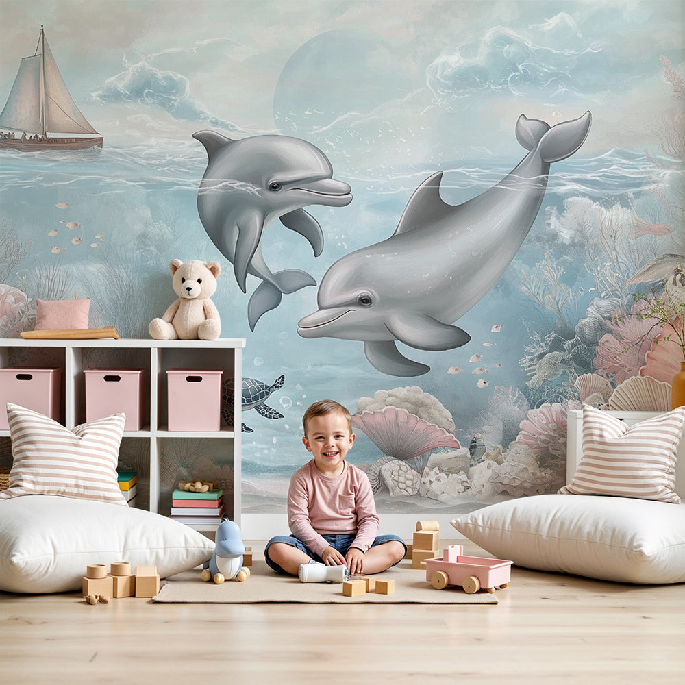 Kids-Mundo dolphin wall mural in a pale pink nursery behind a cot and soft toys