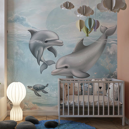 Kids-Mundo dolphin wall mural filling a playroom wall with a soft coral shoreline scene