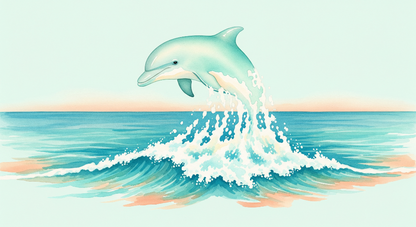 Kids-Mundo flat artwork of a dolphin leaping over turquoise watercolour waves.