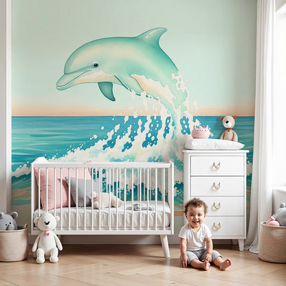 Kids-Mundo dolphin wave wall mural shown in a soft, bright nursery room.