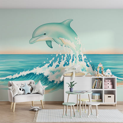 Kids-Mundo leaping dolphin wall mural styled in a cheerful children's playroom.