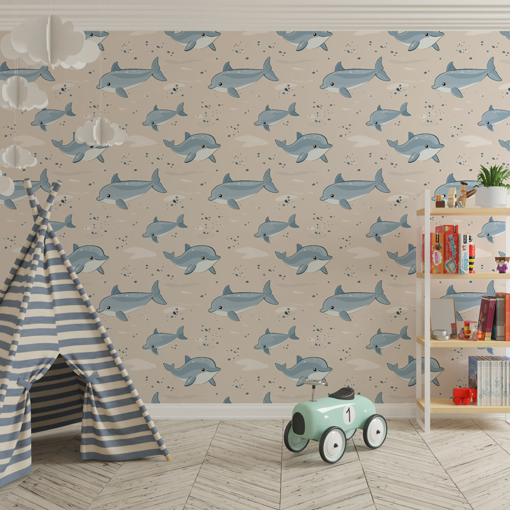 Soft blue dolphin wallpaper transforming children's bedroom with marine theme by Kids-Mundo