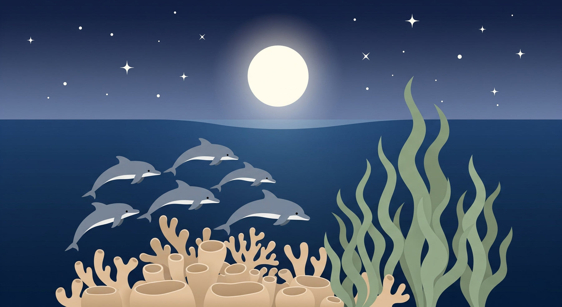 Detailed dolphin mural wallpaper design pattern showing underwater scene with moonlight by Kids-Mundo