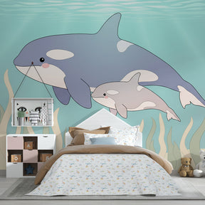 Ocean dolphin mural wallpaper creating serene underwater atmosphere in children's bedroom