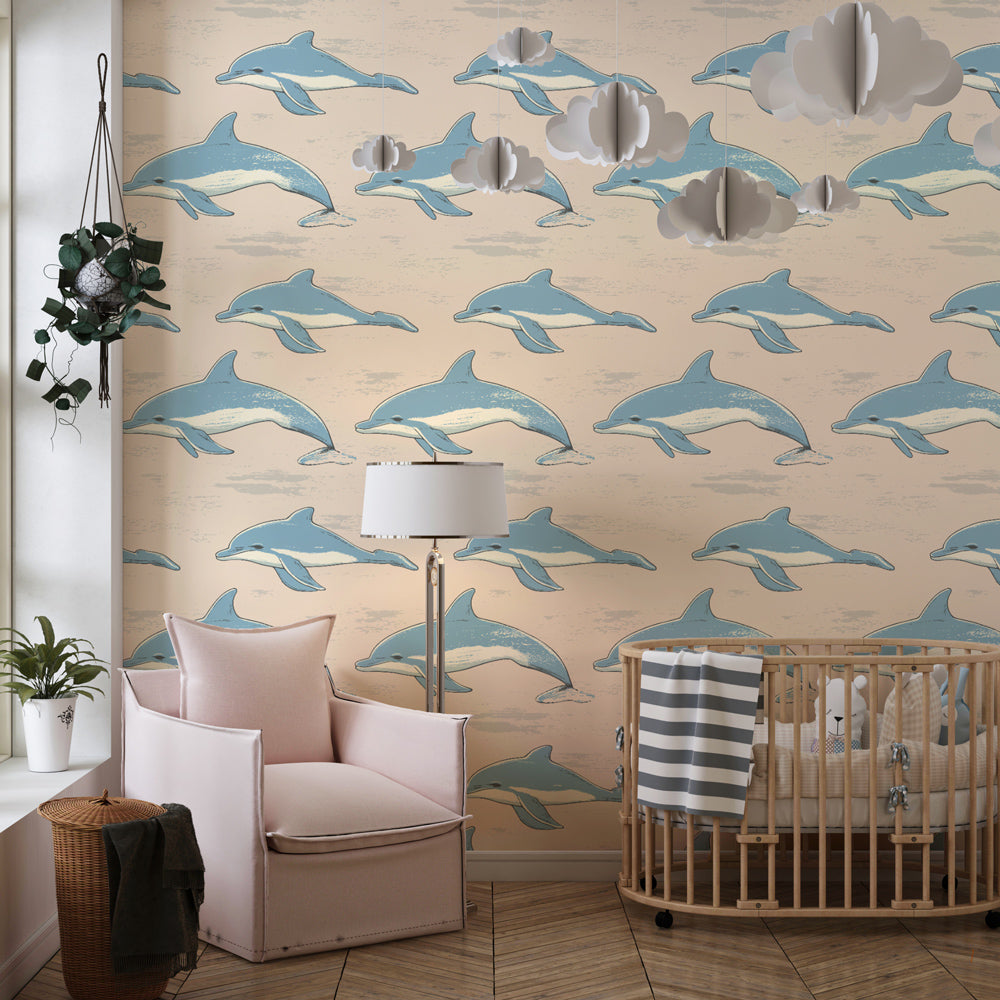 Gentle blue dolphin mural wallpaper for kids room marine decor by Kids-Mundo