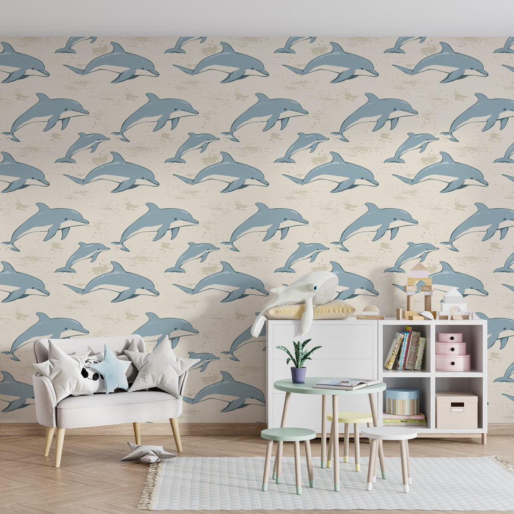 Gentle dolphin mural wallpaper for peaceful nursery with soft blue ocean tones by Kids-Mundo