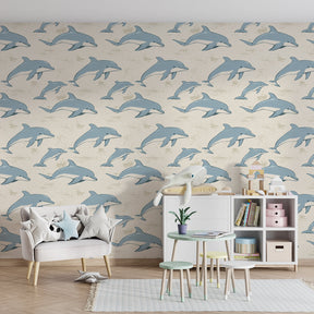 Gentle dolphin mural wallpaper for peaceful nursery with soft blue ocean tones by Kids-Mundo