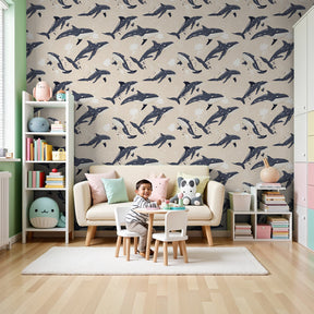 Dolphin mural wallpaper creating serene marine atmosphere in modern nursery by Kids-Mundo
