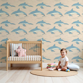 Dolphin ocean mural wallpaper in serene blue nursery room by Kids-Mundo