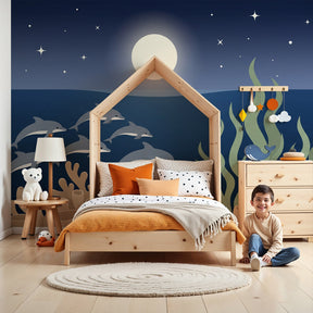 Dolphin mural wallpaper creating peaceful ocean sanctuary in modern kids bedroom by Kids-Mundo