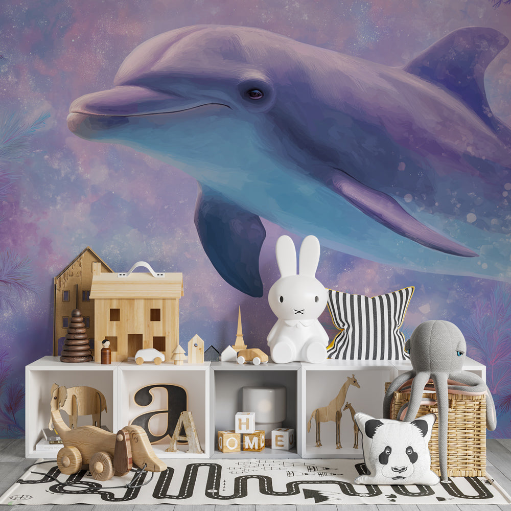 Magical dolphin mural wallpaper with seaweed in calming lilac and blue children's room decor